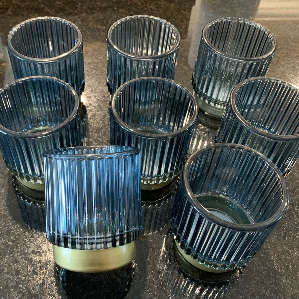 Set of 8 Blue Ribbed Glass Candle Holders